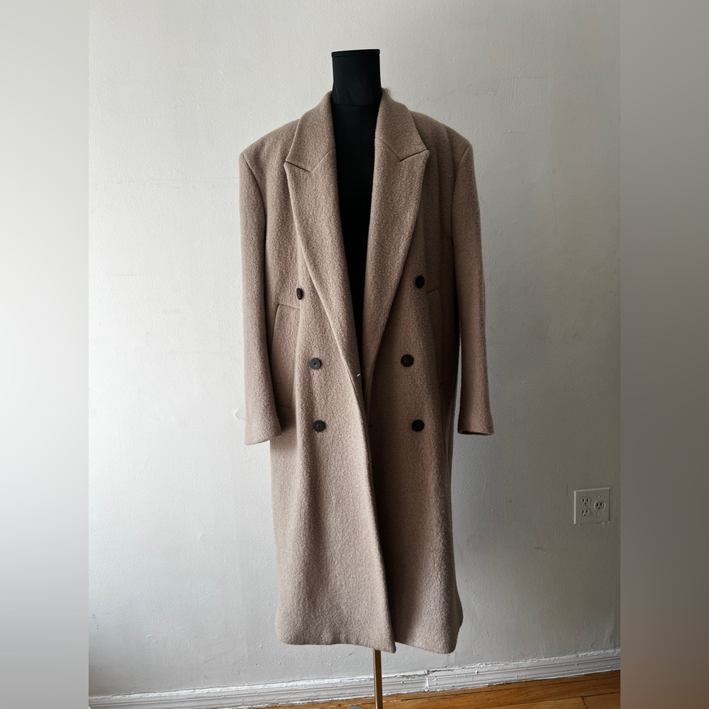Zara Man Men’s Long Double Breasted Coat Beige Cream Medium Jacket Spring taupe